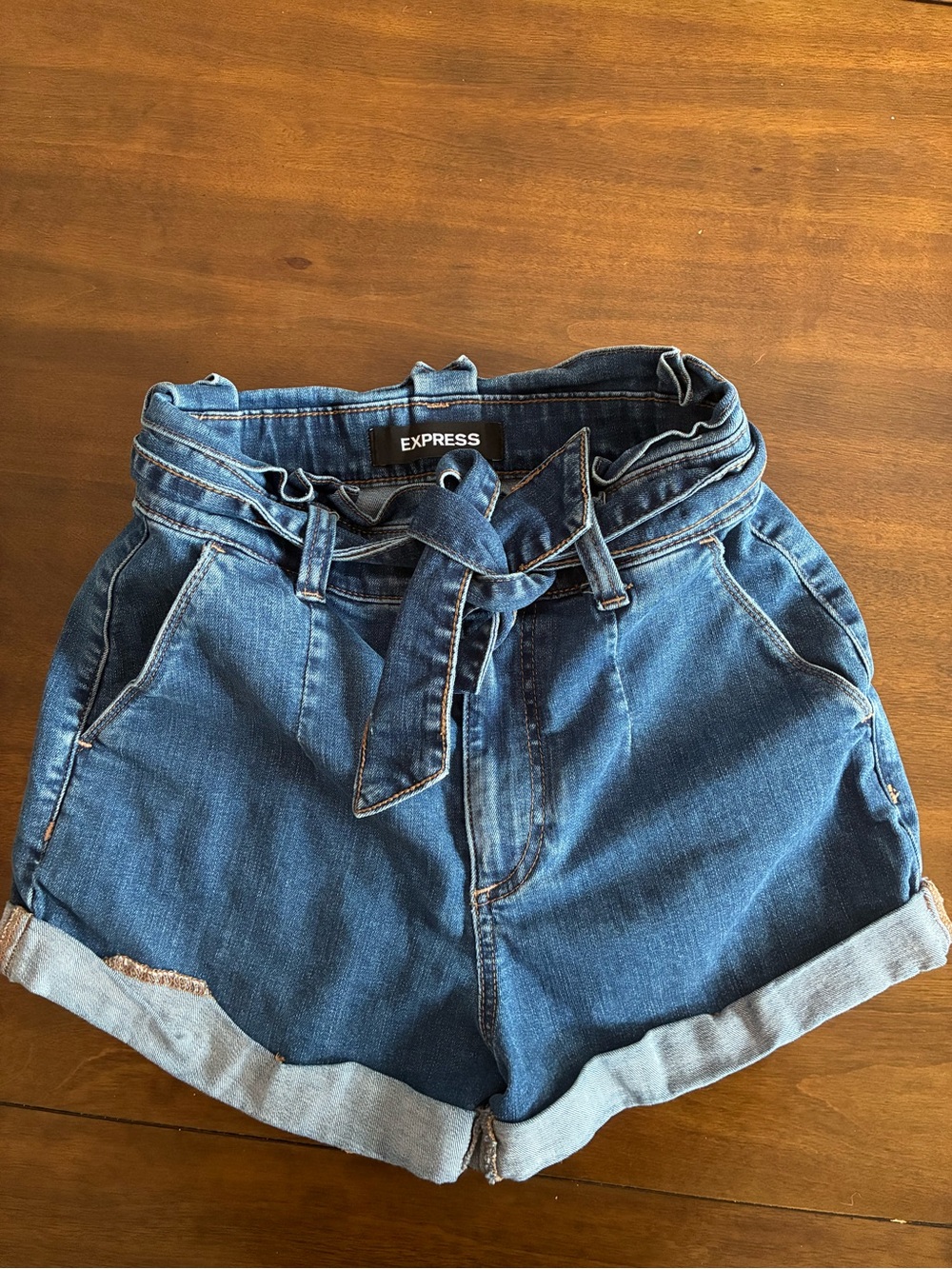 Express Blue High-Rise Paperbag Tie-Waist Denim Shorts
